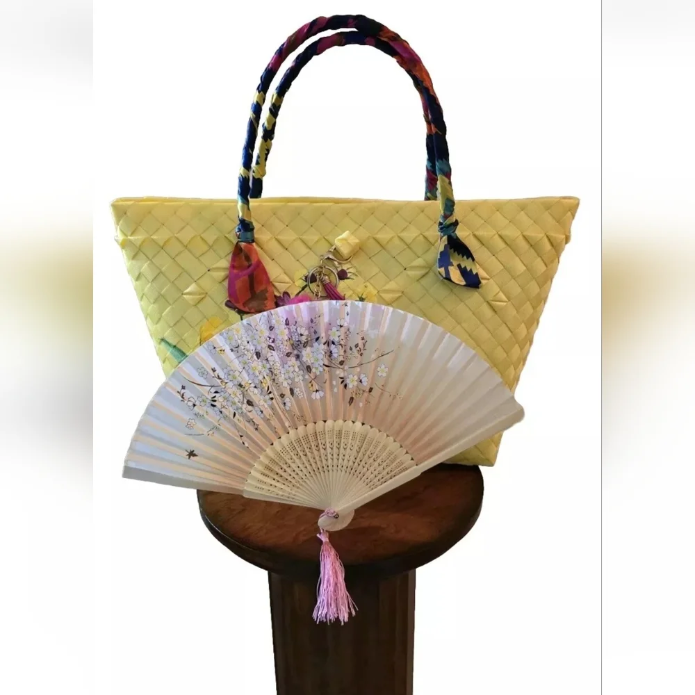 Gingham Basket Weave Handcrafted, Handpainted  Silk-Wrapped Handle Tote Bag NWOT - Picture 11 of 14
